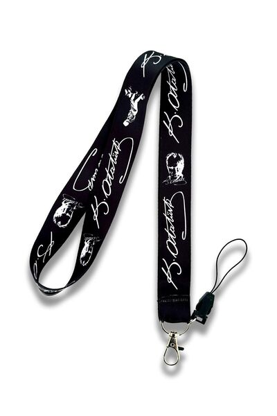 PABALAS Κεμάλ Ατατούρκ Μαύρο λουράκι με λαιμό με υπογραφή και πορτρέτο - θήκη για κάρτα και ιμάντα τηλεφώνου