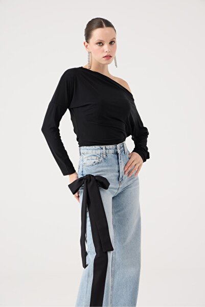 HOLLY LOLLY High Waist Ribbon Detailed Wide Leg Kyla Jean Trousers Black