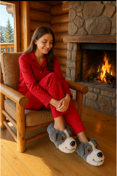 BIRKESEN شبشب منزلي نسائي من القطيفة على شكل كلب وردي - موديل شتوي من الفرو الدافئ