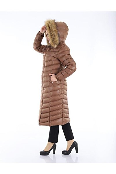 Space Fashion Дамско дълго светлокафяво пухено палто