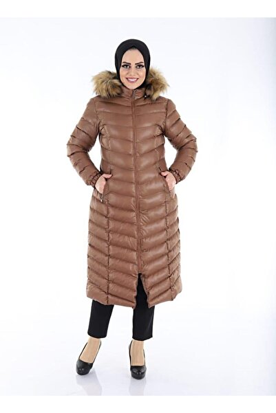 Space Fashion Дамско дълго светлокафяво пухено палто