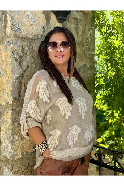 Punta Otantik NC0023 Πλεκτό από μετάξι με ανάγλυφο σχέδιο με παγιέτες ιταλική μπλούζα κρέμα