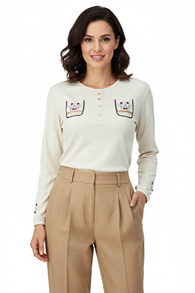 Oppland Kadın Badi Bluz Gofre Kumaş Sümbül Nakışlı Likralı Yuvarlak Yaka Uzun...