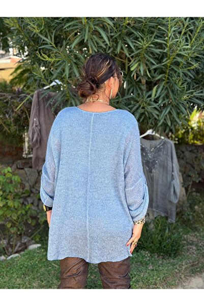 Punta Otantik Nc1868 Sequined Shoulder Ruched Silk Knitwear Italian Blouse Blue