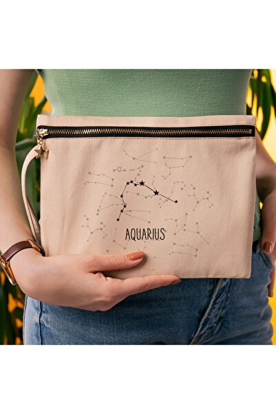 Hediyesepeti Beige Color Canvas Makeup Bag with Special Name Written on the Crab