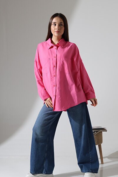 Corradeo Giyim Poplin Fabric Oversized Cotton Fuchsia Pink Women's Tunic Shirt