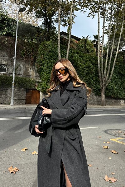 Laluvia Anthracite Premium Coat with Pocket Detail on the Sleeves - 408033