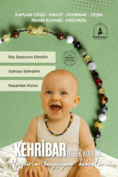 OSMANLI DOĞAL TAŞ Sertifikalı Doğal Taş Bebek Kolye - Kehribar,yeşim,kaplan G...