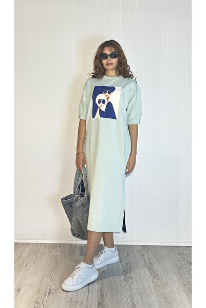 TF The Fancy For You Kadın Bisiklet Yaka Truvakar Kol Bakılı Midi Boy Sweat Elbise