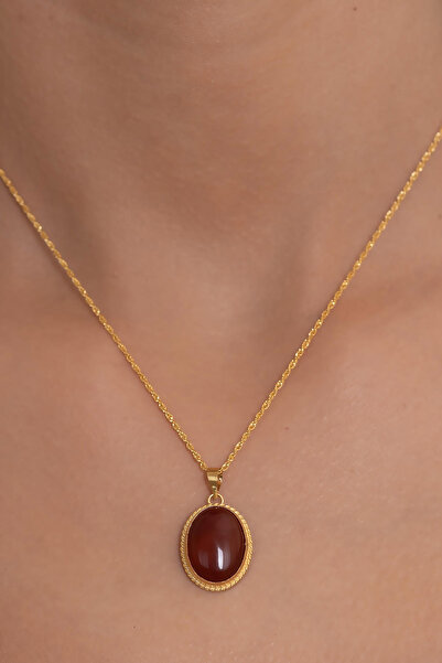 AMES GOLD KUYUMCULUK 14 Ayar Altın Taşlı Oval Akik Kolye