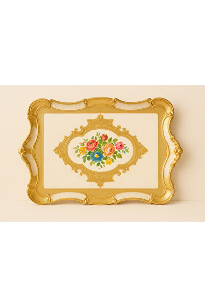 esdekor L&M Florance Art İtalyan El Yapım Ahşap Tepsi 55x36cm 1Adet Beyaz Gol...