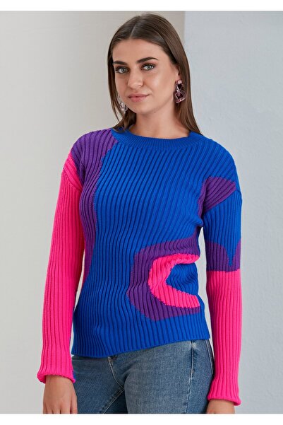 Sortie Women's Crew Neck Midi Length Patterned Slim Sax Color Knitwear Sweater