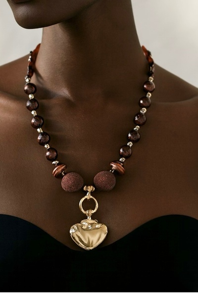 COCOSH TAKI Kahverengi taşlı gold ve kalp charmlı çoklu tasarım kolye