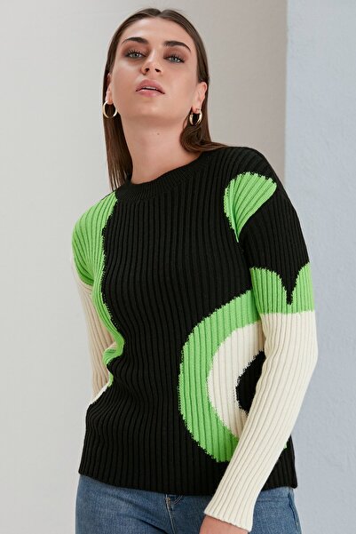 Sortie Women's Crew Neck Patterned Midi Length Slim Black Color Knitwear Sweater