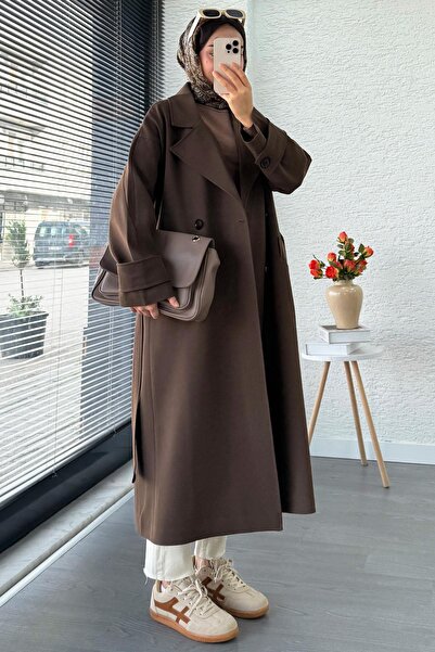 MELEK ARAZ Premium Cepli Oversize Kadın Trençkot – Kahverengi