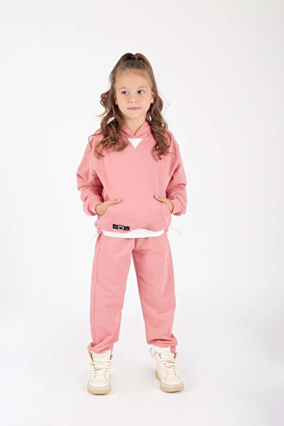 Mnk Baby&Kids Κοριτσίστικο σετ αθλητικής φόρμας με τσέπες καγκουρό και λεπτομέρεια από καουτσούκ M00754 ΡΟΖ