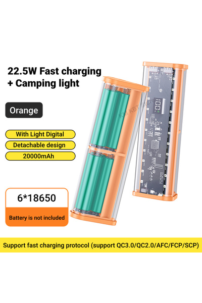 Kebidumei Orange 22.5W DIY Battery Charger Case Transparent Fast Charging Case For 6PCS 18650 20000mAh Battery