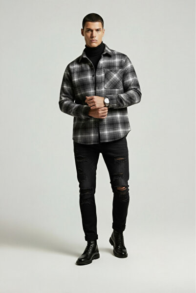 Etikmen Szürke és fehér átmeneti túlméretes (széles szabású) vastag favágó ing díszdobozsal