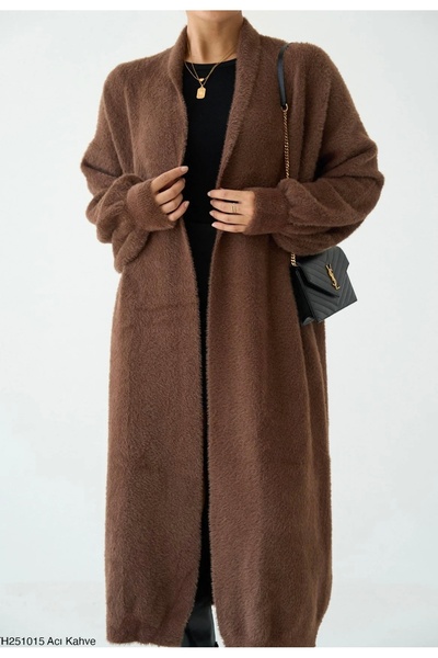 NATUFIAN STORE Cardigan lung din tricot pentru femei, cu guler șal, cu mâneci bufante