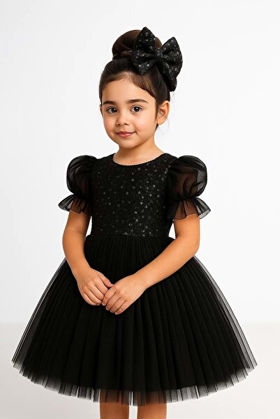 Mnk Baby&Kids Balon Kol Pul Payet Kız Çocuk Tütü Elbise M00751 SİYAH