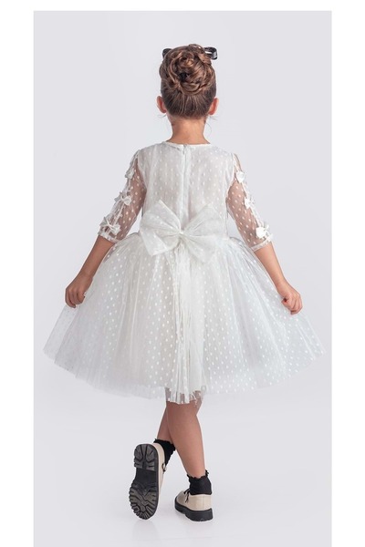 Mnk Baby&Kids Dantel Puanlı, Uzun Kol Prenses Kız Çocuk Elbise M00707 BEYAZ