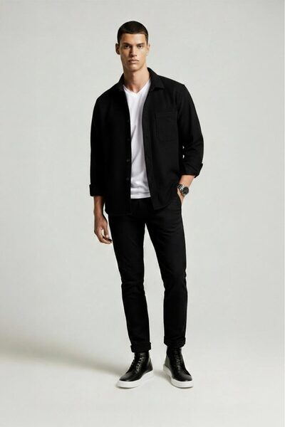 Etikmen Férfi favágó ing - fekete sima túlméretezett díszdobozsal