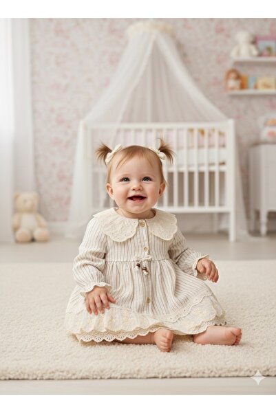 Cassiope Baby Çizgili Dantelli Bebe Elbise