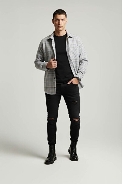 Etikmen Ανδρικό πουκάμισο Oversize σε γκρι ψάθινο σχέδιο