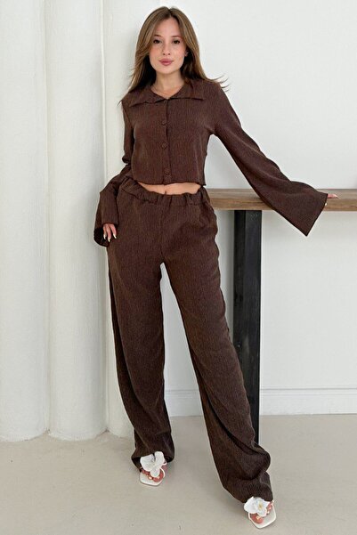 VAGGON Women's Brown Wide Sleeve Crop Shirt and Elastic Waist Trousers F Corded Fabric Set Vs01256