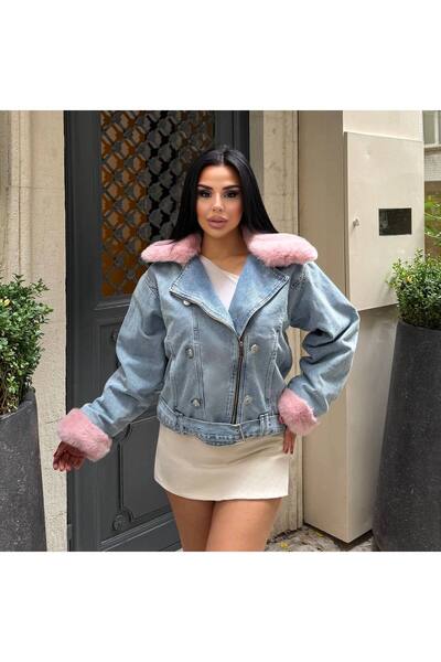 Lady Pixie Palton din denim cu guler și mâneci din blană, cu centură