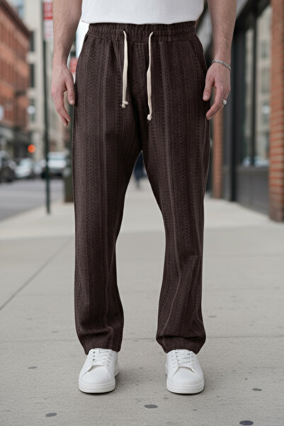 İLKCET MODA Λεπτομέρεια με κορδόνια Καφέ Oversize Ανδρικό Παντελόνι Bohemian