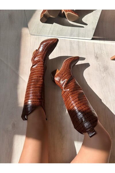 SHOEBOURNE Taba Kroko Parlak Uzun Fermuarsız Çizme