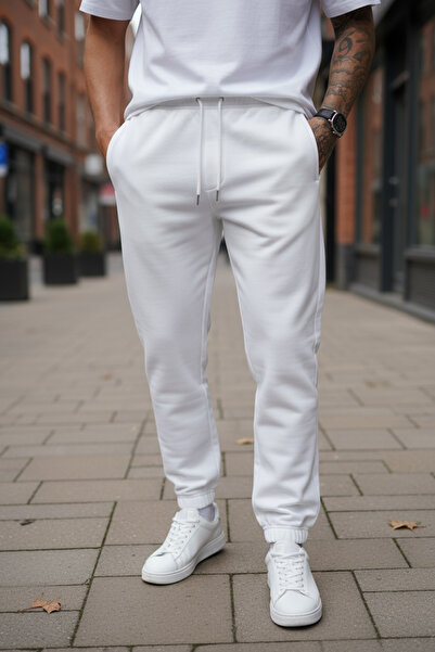 İLKCET MODA Unisex Λευκό Oversize Φούτερ με Χοντρό Λάστιχο στο κάτω μέρος