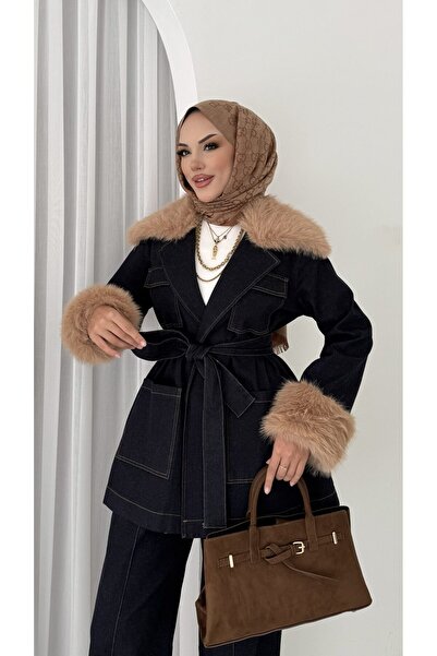 MissPul Denim Jacket with Detachable Fur Detail and Belt