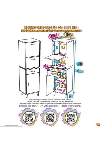 Modilayn VİO Çok Amaçlı Dolap: (35x163.4x32,5 cm) ölçülerinde, çekmeceli ve kapaklı mutfak dolabı.