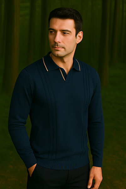 Maccali Чоловічий поло з коміром-стійкою, смугастий, базовий, синій, зимовий светр