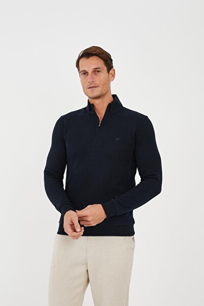 Maccali Мъжка рибарска блуза с поло яки и полуцип, дълъг, тъмносин