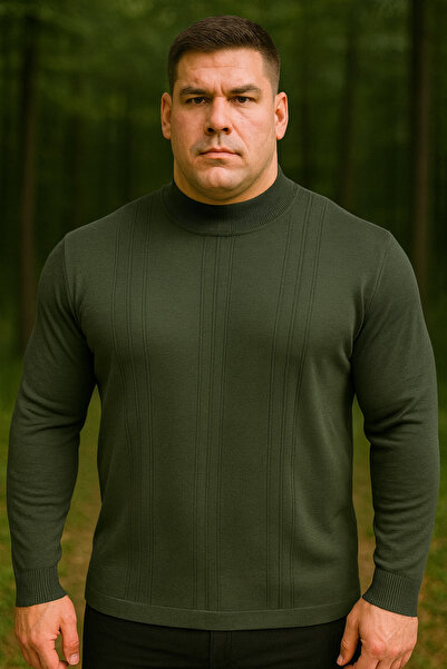 Maccali Erkek Büyük Beden Çizgili Haki Sweat Triko Kazak