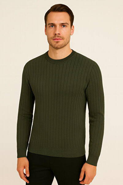 Maccali Чоловічий довгий рукав смугастий хакі зимовий трикотажний светр