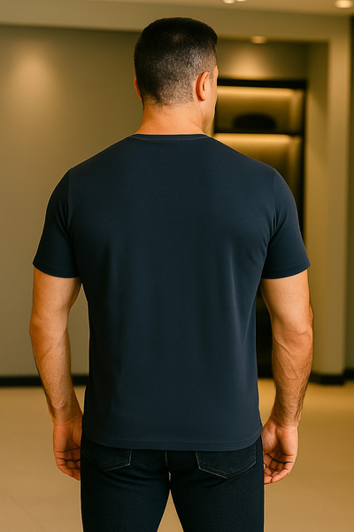 Maccali Men's Patterned Short Sleeve Large Size Loose Navy T-Shirt