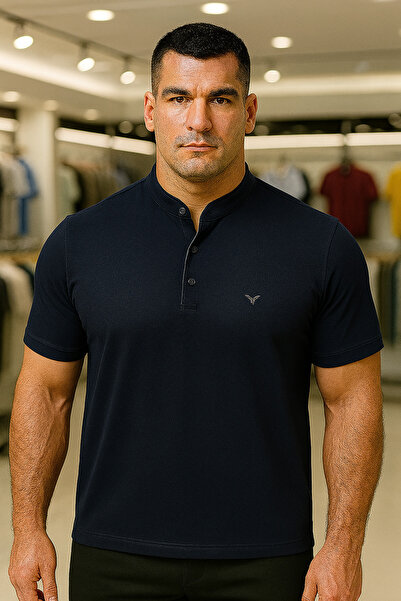 Maccali Men's Plus Size Basic Polo Neck Navy Blue T-Shirt