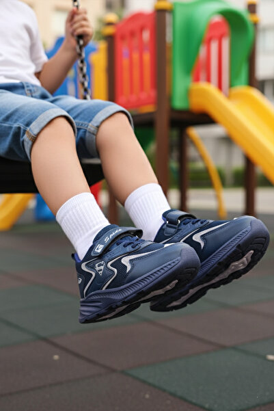 BOUIS Children's Navy Blue Lace-Up Single Velcro Flexible Light Breathable Unisex Mesh Sneaker Sports Shoes