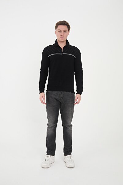 Maccali Men's Urbanedge Striped Zippered Throat Black Sweatshirt