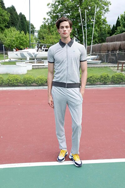 Piyera Men's American Pique Fabric Polo Neck Zippered Short Sleeve Gray Melange Tracksuit Set - 7647