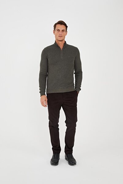 Maccali Men's High Top Half Zipper Fisherman Basic Long Khaki Sweatshirt