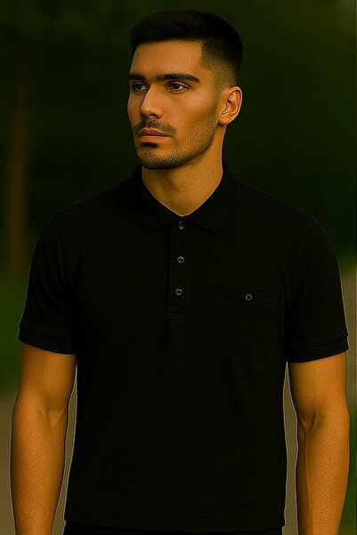 Maccali Men's Basic Long Plain Black Polo Neck T-Shirt with Pockets
