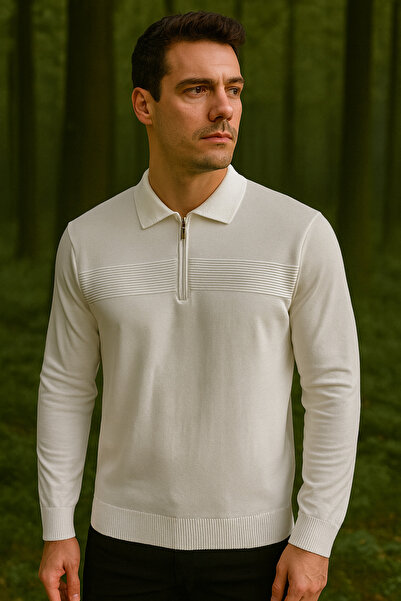 Maccali Ανδρικό χειμερινό πουλόβερ με ριγέ φερμουάρ και λευκό γιακά πόλο
