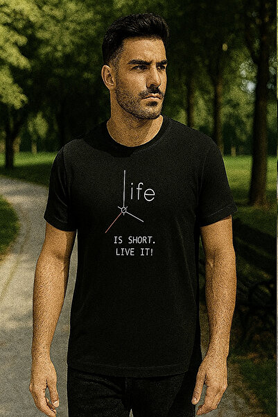 Maccali Men's Crew Neck Short Sleeve Text Print Black T-Shirt