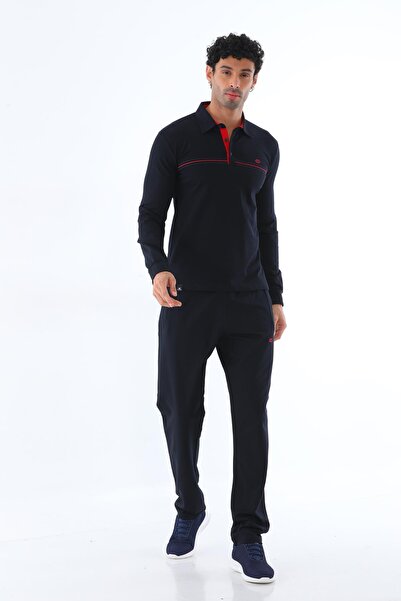 Piyera Men's Two Thread Fabric Navy Blue Polo Neck Long Sleeve Sweatshirt Tra...