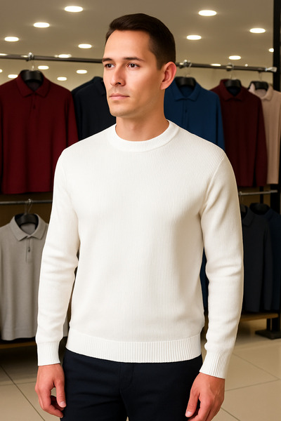 Maccali Ανδρικό πλεκτό πουλόβερ με ριγέ λευκό λαιμόκοψη